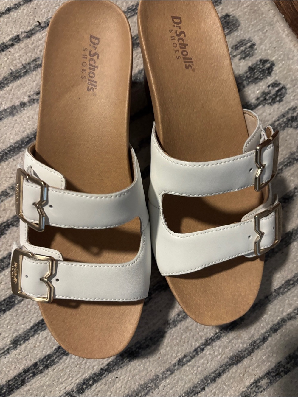 Dr. Scholl's White Double Buckle Slide Sandals with Tan Footbed
